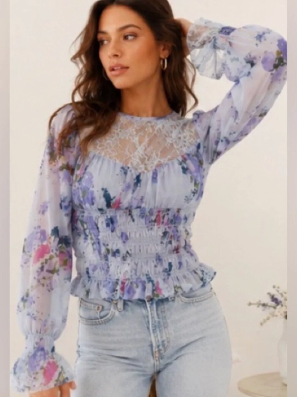 Free People | Daphne Smocked Blouse Blue Floral & Sheer Lace	| Size Medium